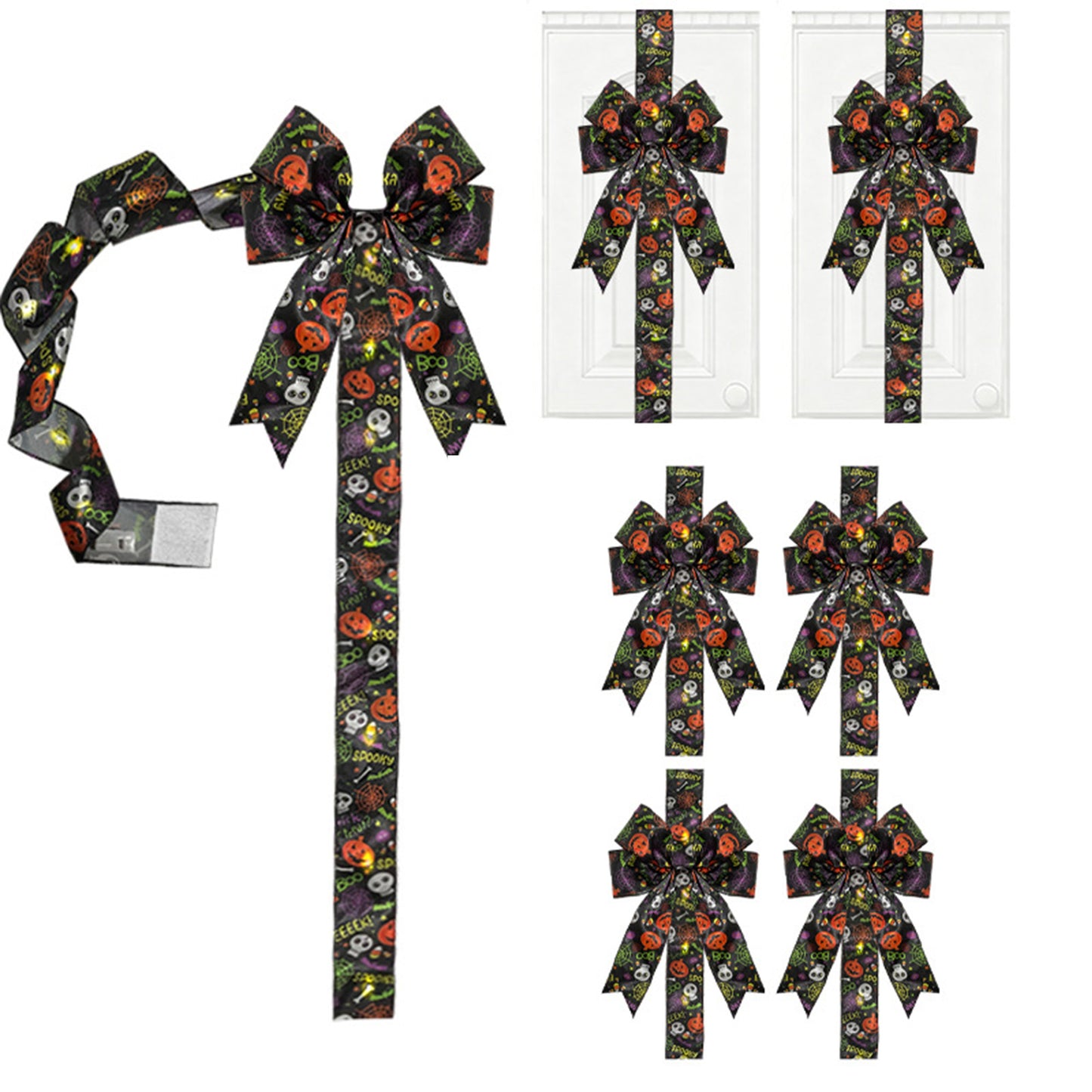 LED Spooky Halloween Cabinet Door Fringe Wreath with Lime Red Large Bow, 79x2.4 Inches