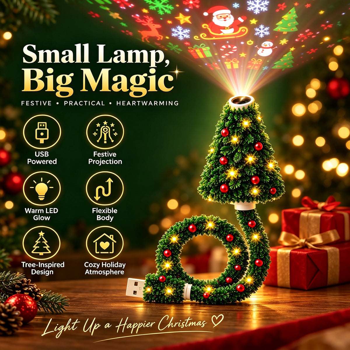 Plug and Play HD Christmas Projector, USB Powered Christmas Night Light with 6+ Holiday Patterns