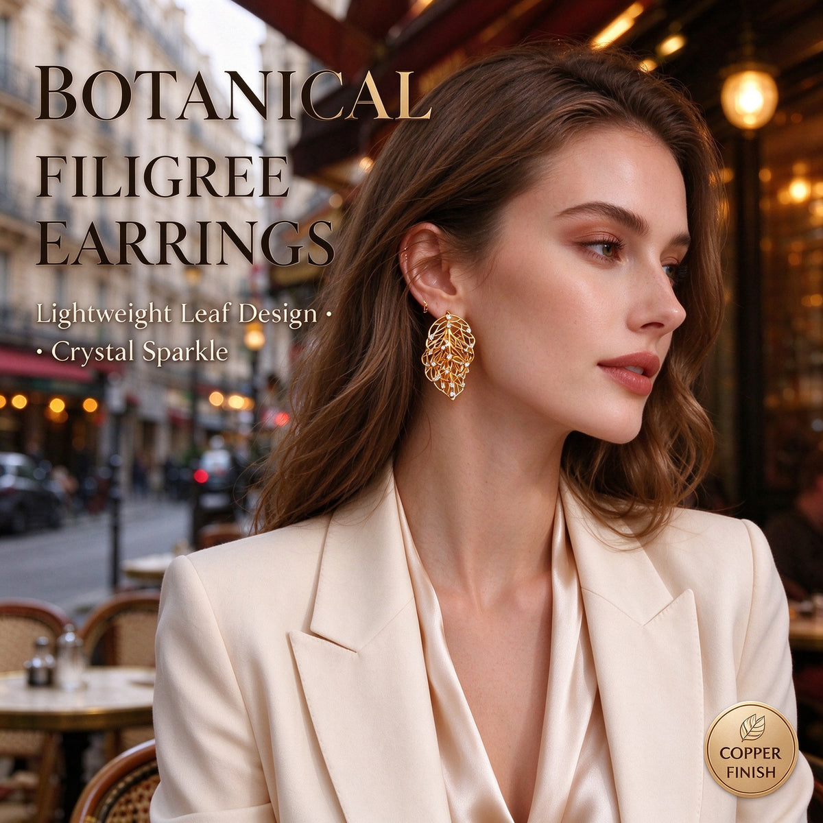 Open Work Leaf Earrings - Ultra-sparkly Zircon Earrings