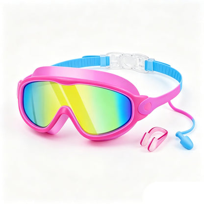 Large Swim Goggles,Wide View,Anti Fog,Swimming with Earplug Nose Clip | UV Protection & No Leak