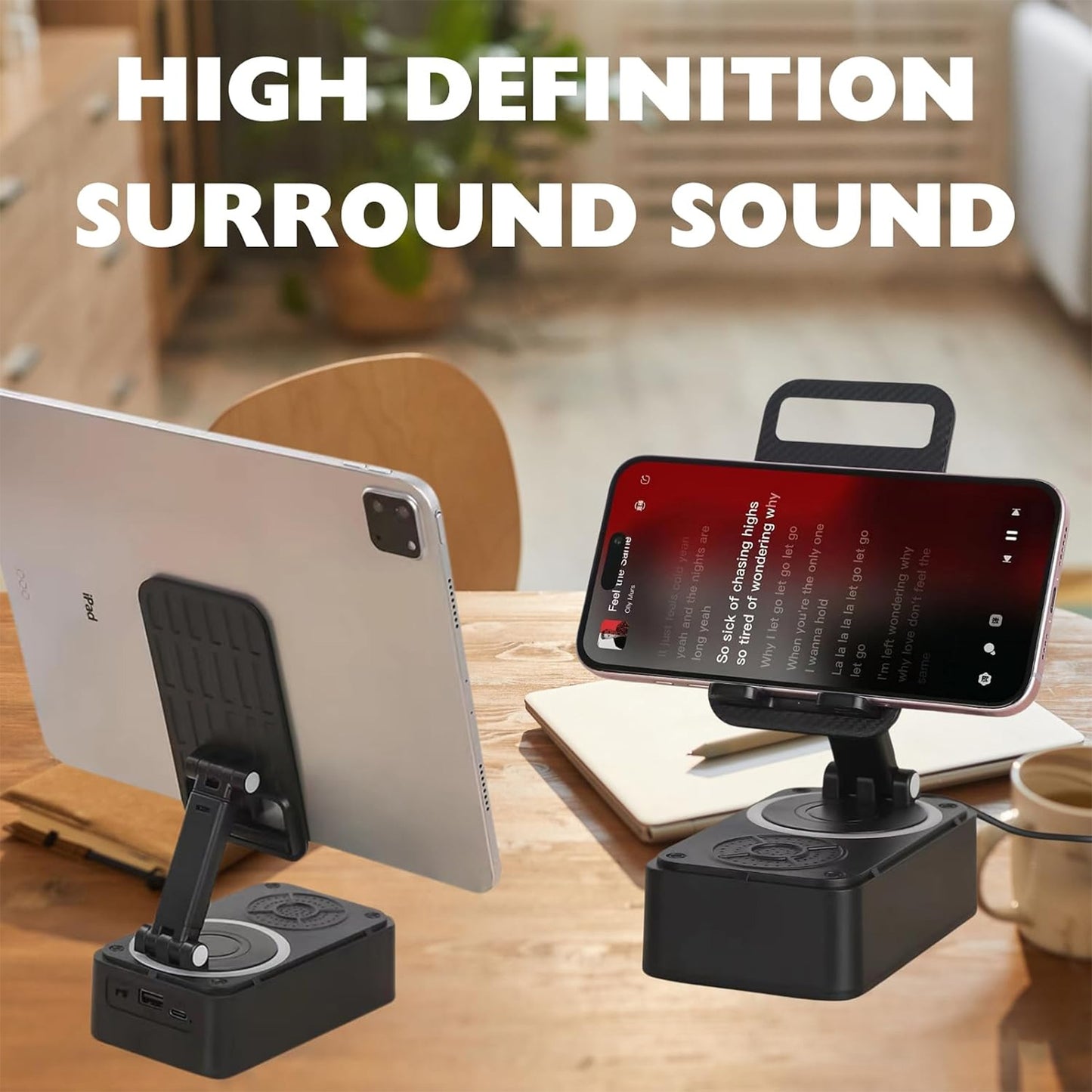 Cell Phone Stand with Wireless Bluetooth Speaker Equipped with Non-Slip Base and Convenient Charging Port