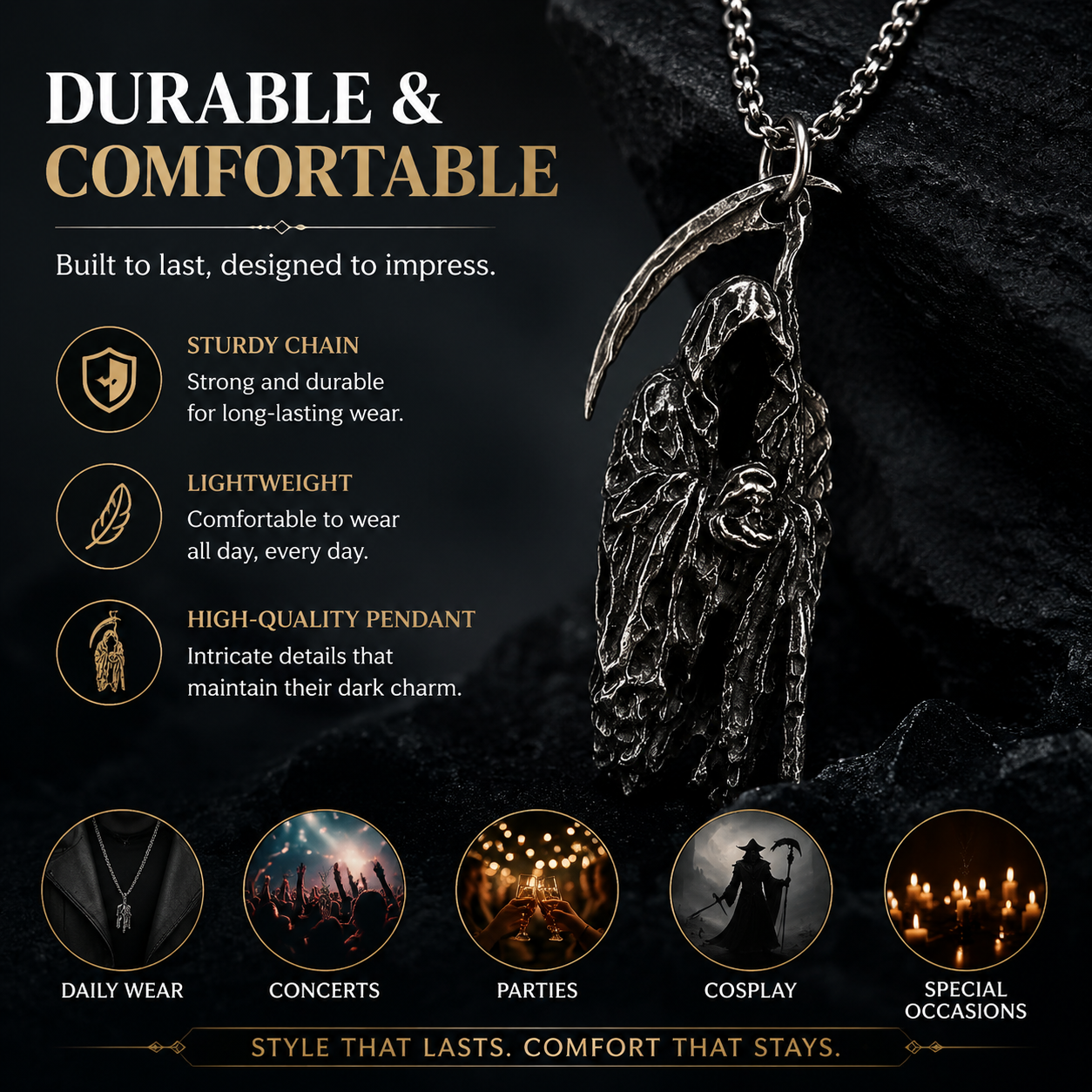 Gothic Grim Reaper Scythe Skull Necklace,The Reapers Pendant Set