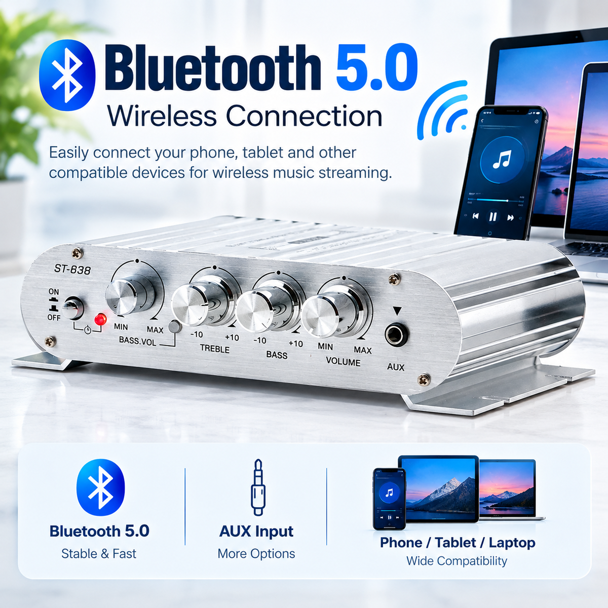 Bluetooth Car Amplifier 12V 80W, 2.1 Channel Mini Stereo Amp with Wireless Audio Streaming