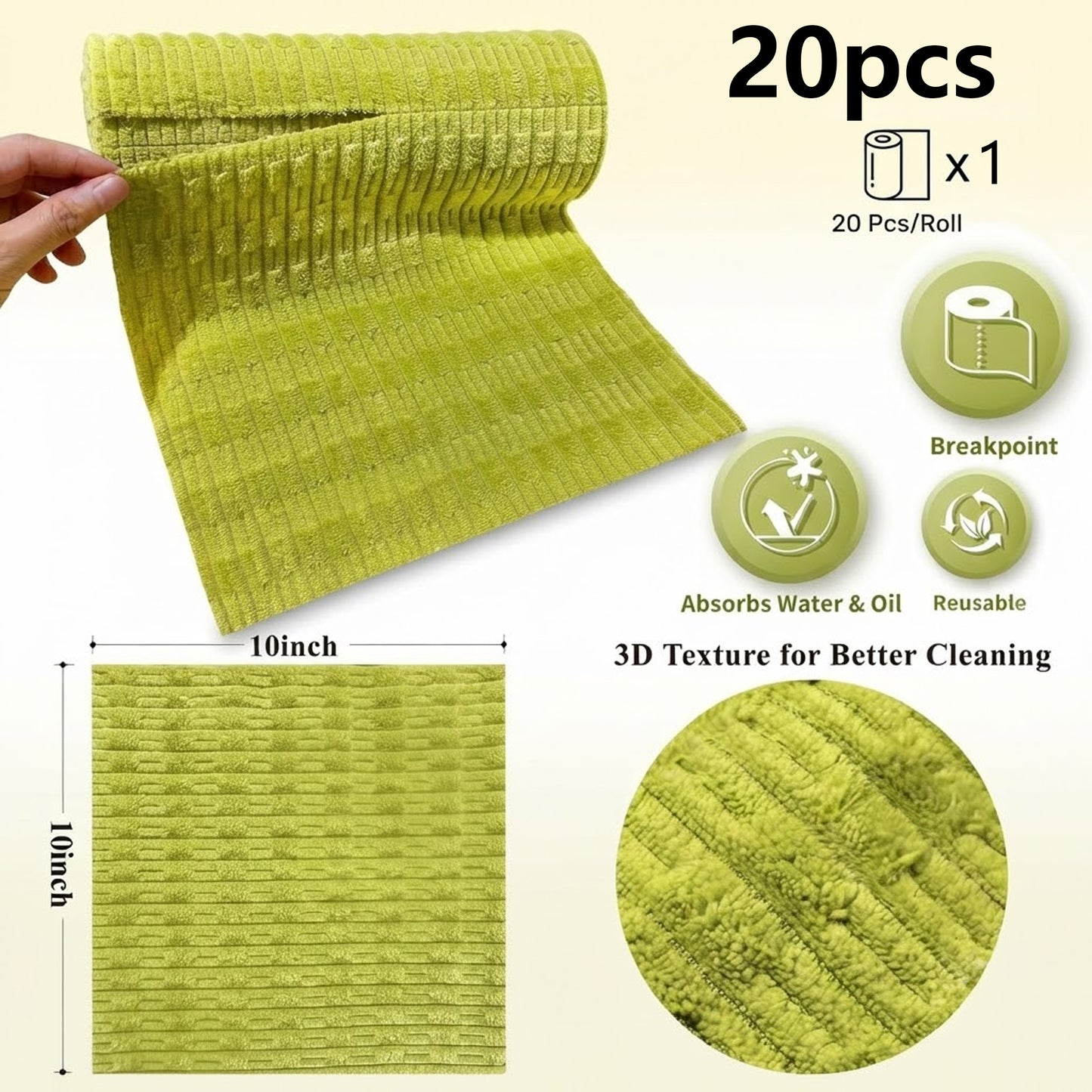 20Pcs 10”*10“ Extra Thick Microfiber Cleaning Cloth Roll, Tear Away Reusable Paper Coral Fleece Towels