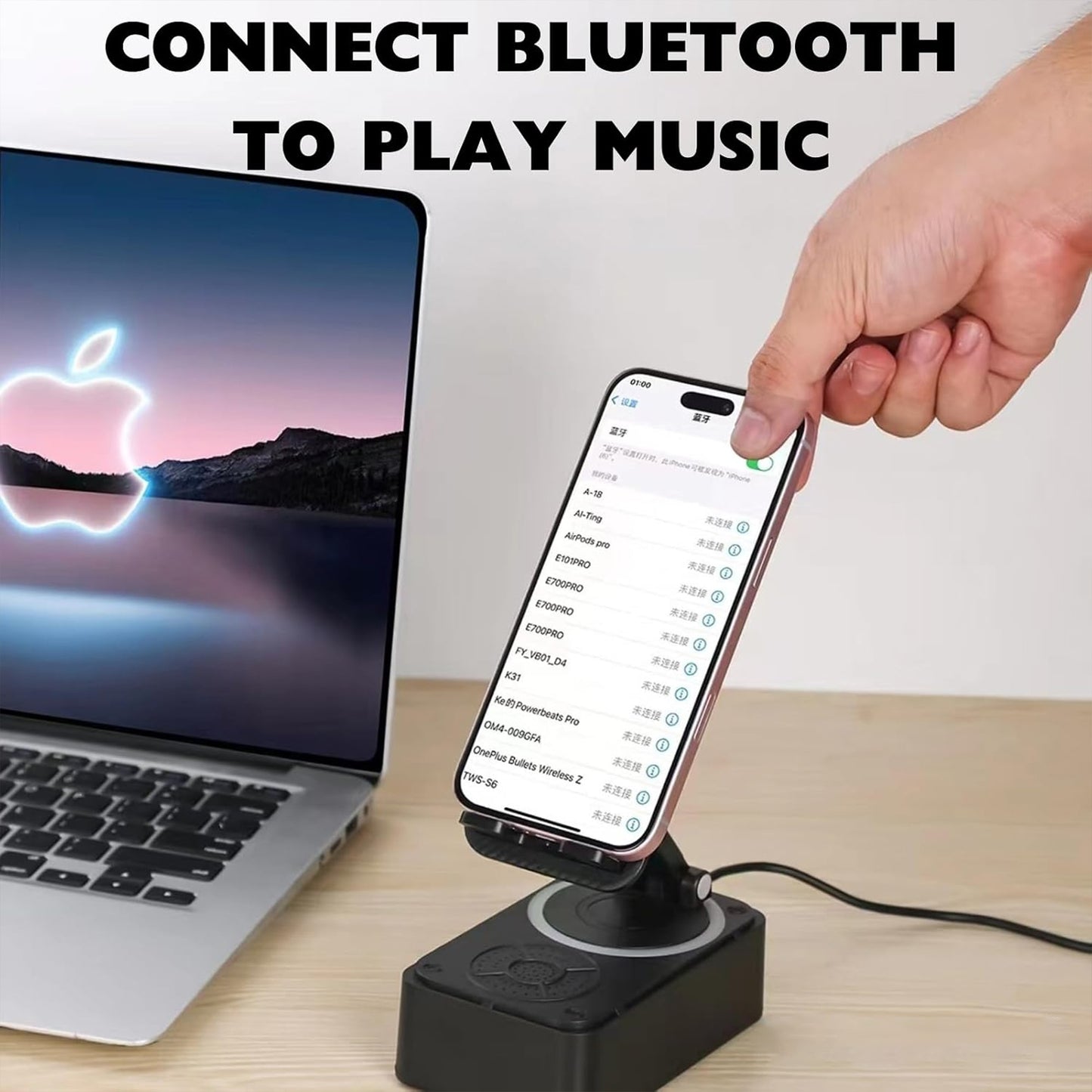Cell Phone Stand with Wireless Bluetooth Speaker Equipped with Non-Slip Base and Convenient Charging Port