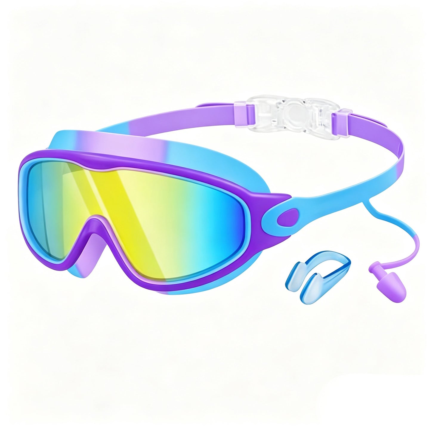 Large Swim Goggles,Wide View,Anti Fog,Swimming with Earplug Nose Clip | UV Protection & No Leak