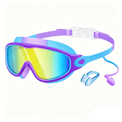 Large Swim Goggles,Wide View,Anti Fog,Swimming with Earplug Nose Clip | UV Protection & No Leak