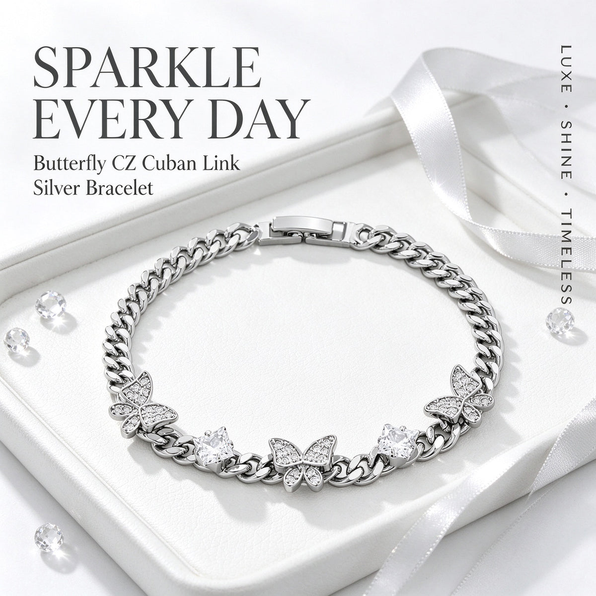 Women’s Figaro-chain Bracelet, Featuring a Butterfly Motif and Cubic Zirconia