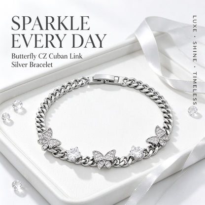 Women’s Figaro-chain Bracelet, Featuring a Butterfly Motif and Cubic Zirconia