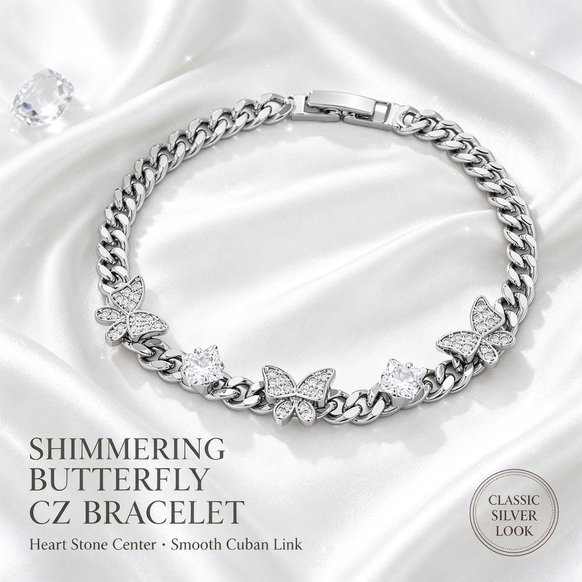 Women’s Figaro-chain Bracelet, Featuring a Butterfly Motif and Cubic Zirconia