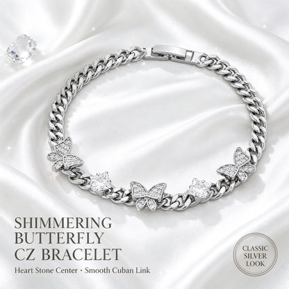 Women’s Figaro-chain Bracelet, Featuring a Butterfly Motif and Cubic Zirconia