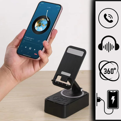 Cell Phone Stand with Wireless Bluetooth Speaker Equipped with Non-Slip Base and Convenient Charging Port