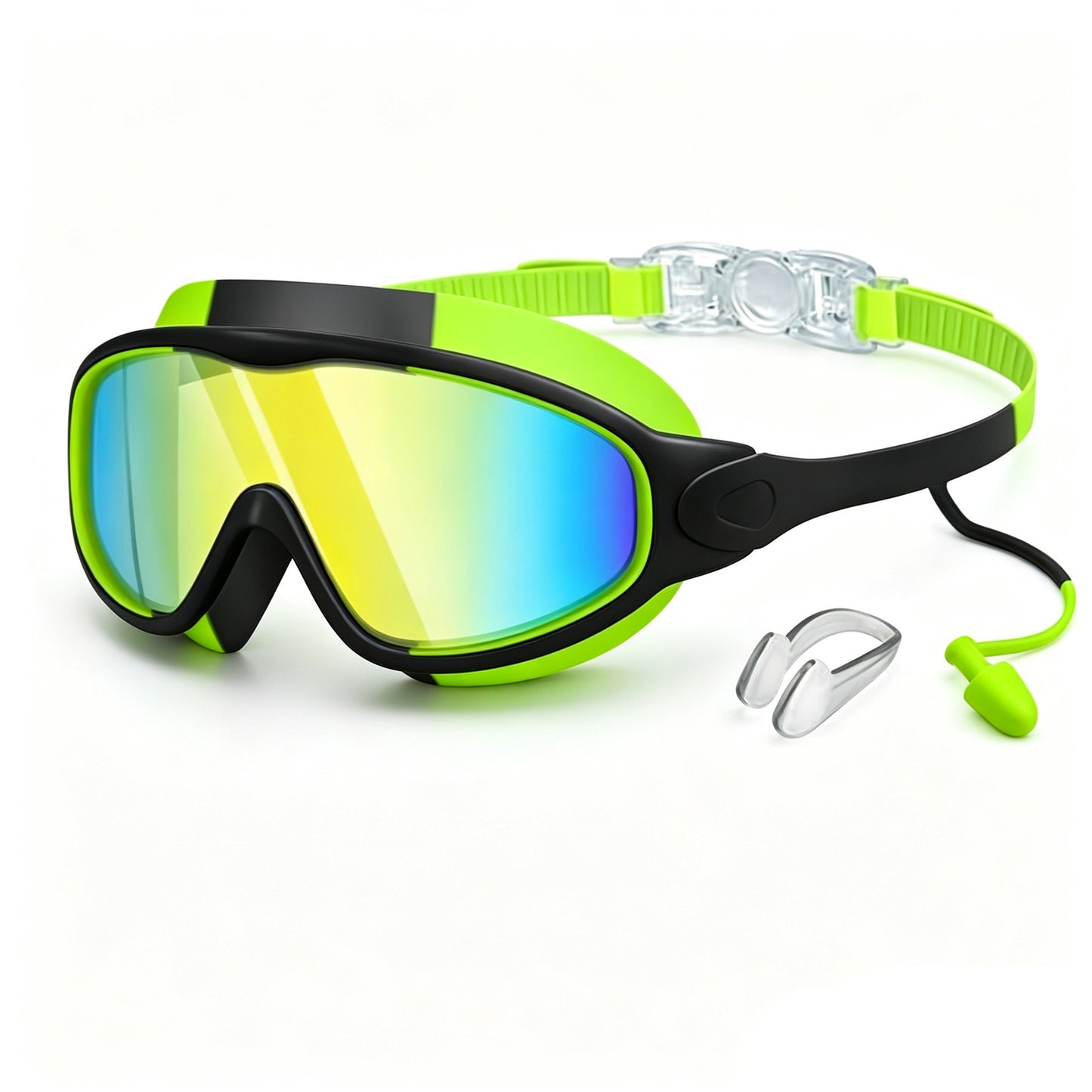 Large Swim Goggles,Wide View,Anti Fog,Swimming with Earplug Nose Clip | UV Protection & No Leak