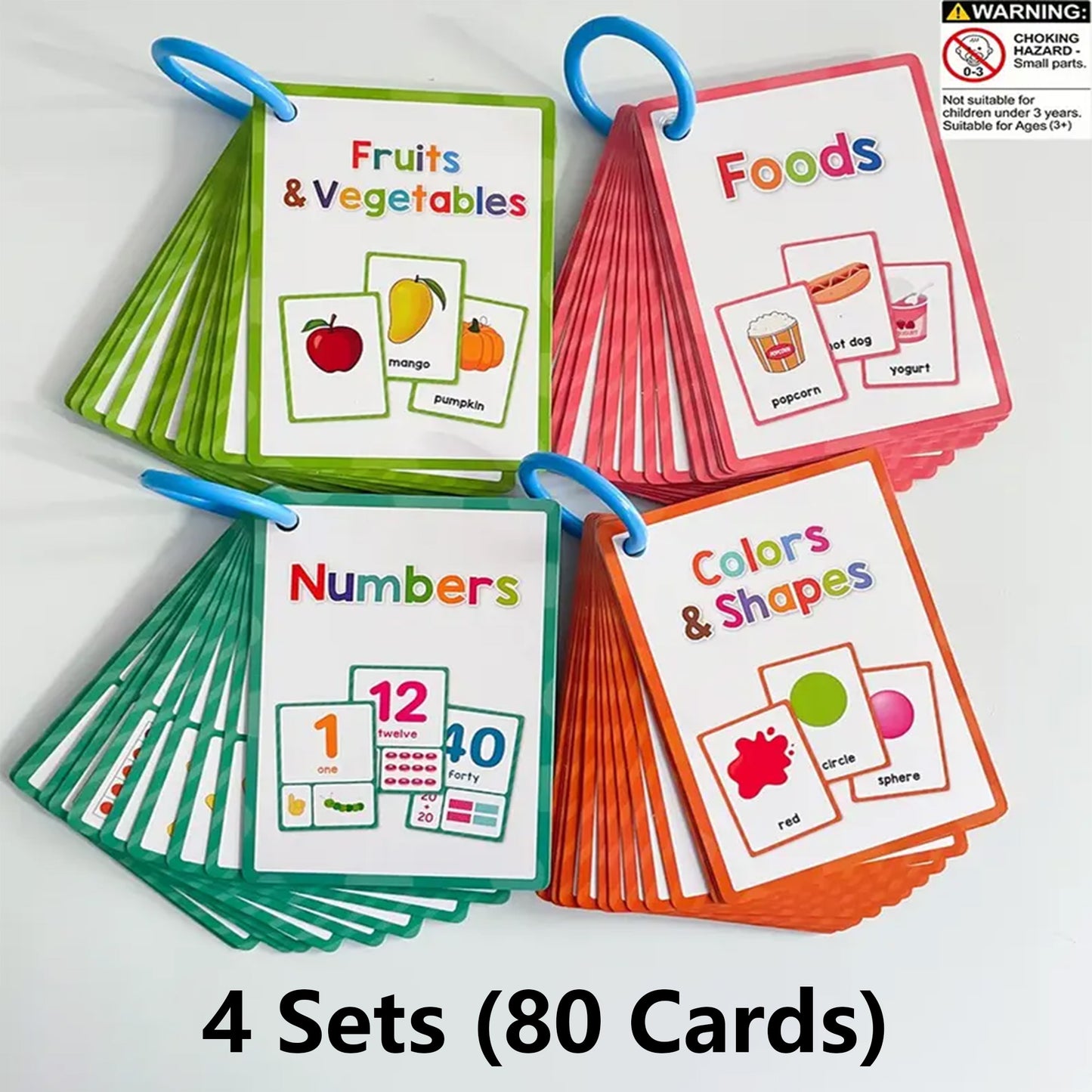 Educational Flash Card, 4 Sets (80 Cards) Colorful Fruit & Vegetable & Number & Shape Card