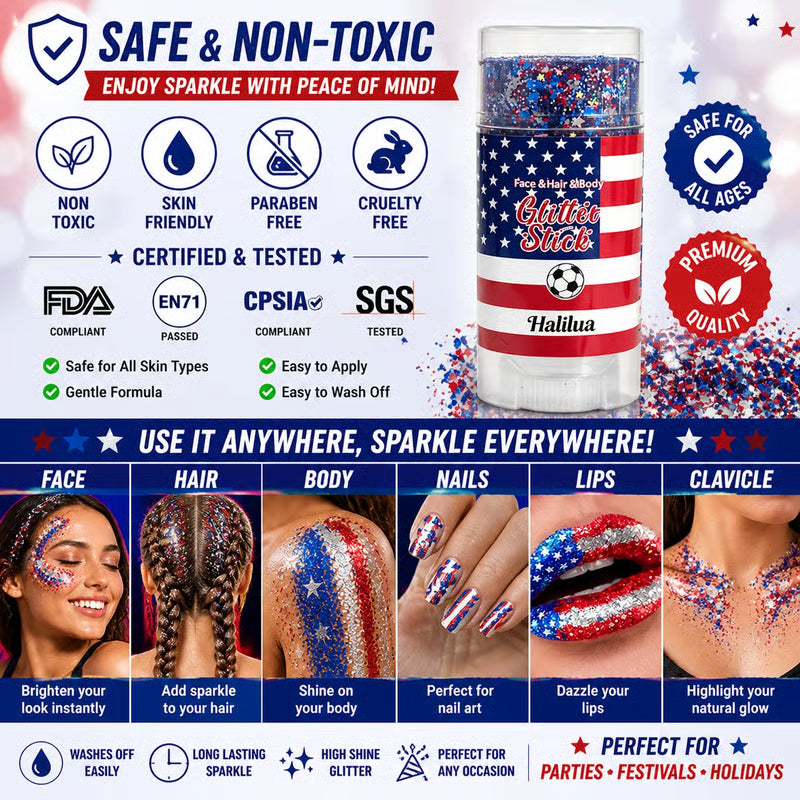 4th of July Glitter Stick Red, White & Blue Body & Hair Sparkle