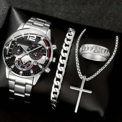 Men's 4-Piece Minimalist Quartz Watch Jewelry Set - Includes Bracelet, Necklace, Ring, Elegant Gift Box