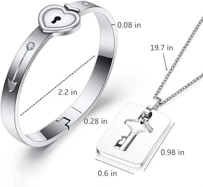 Locking Bracelet With Key For Couple, Love Heart Lock Bangles Key Pendant, Lock Bracelets And Key Necklace Set