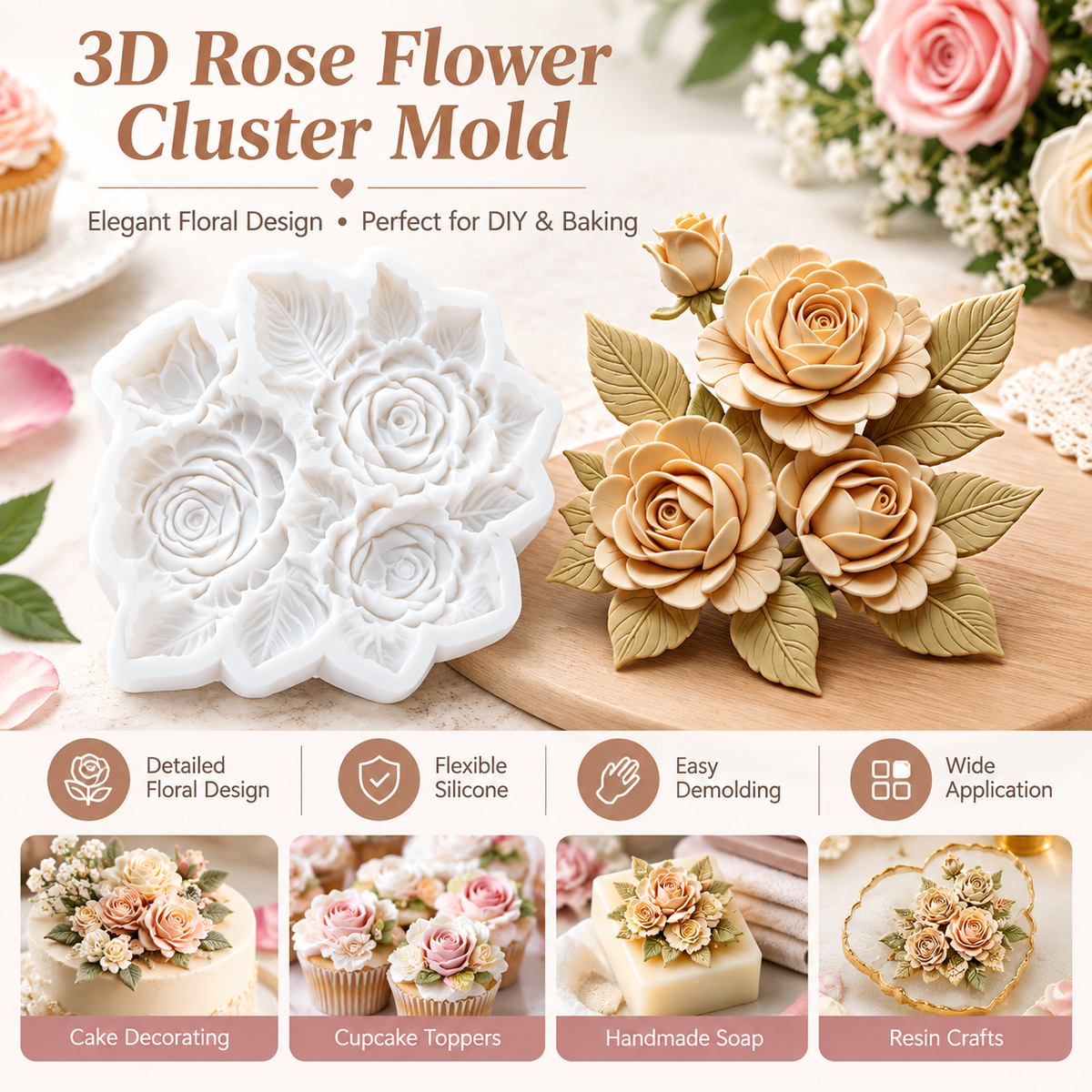 1 Set  BPA-Free 3D Flower Silicone Molds