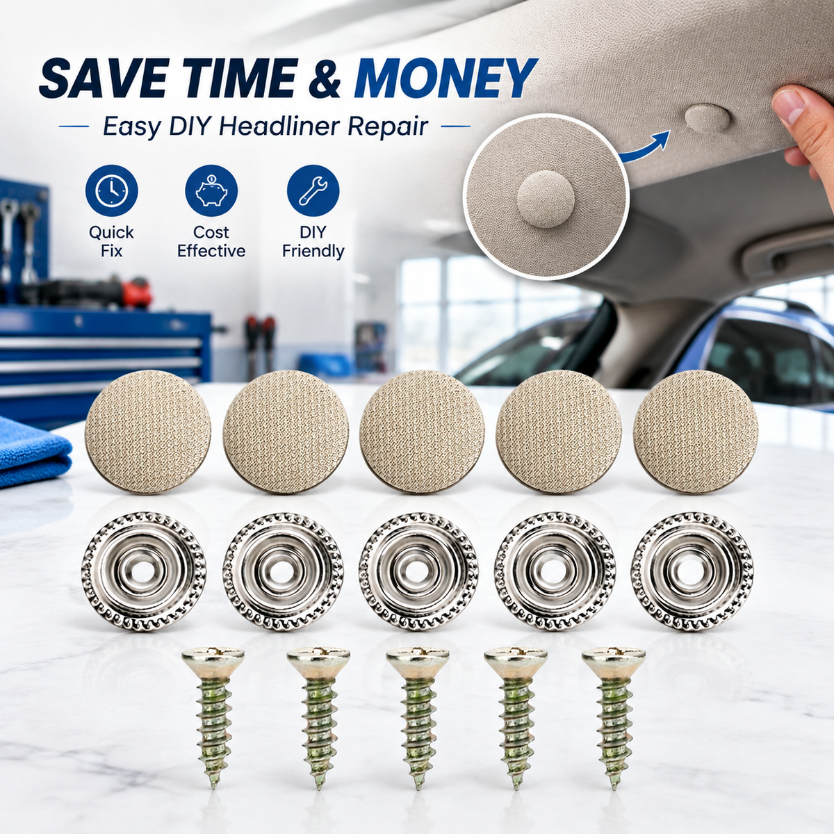 50Pcs Car Roof Headliner Repair Buttons, Fabric Covered Retainer Screws, Auto Ceiling Liner Fixing Snap Fastener Clips