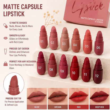 12-Color Matte Capsule Lipstick Set – Waterproof and Long-Lasting