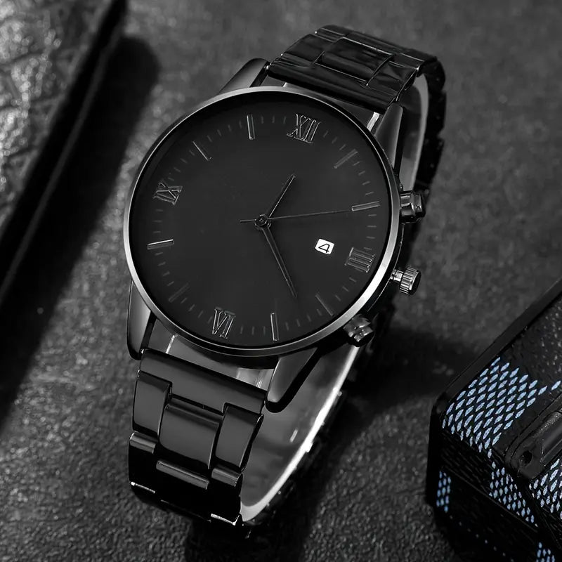 Men's 4-Piece Minimalist Quartz Watch Jewelry Set - Includes Bracelet, Necklace, Ring, Elegant Gift Box