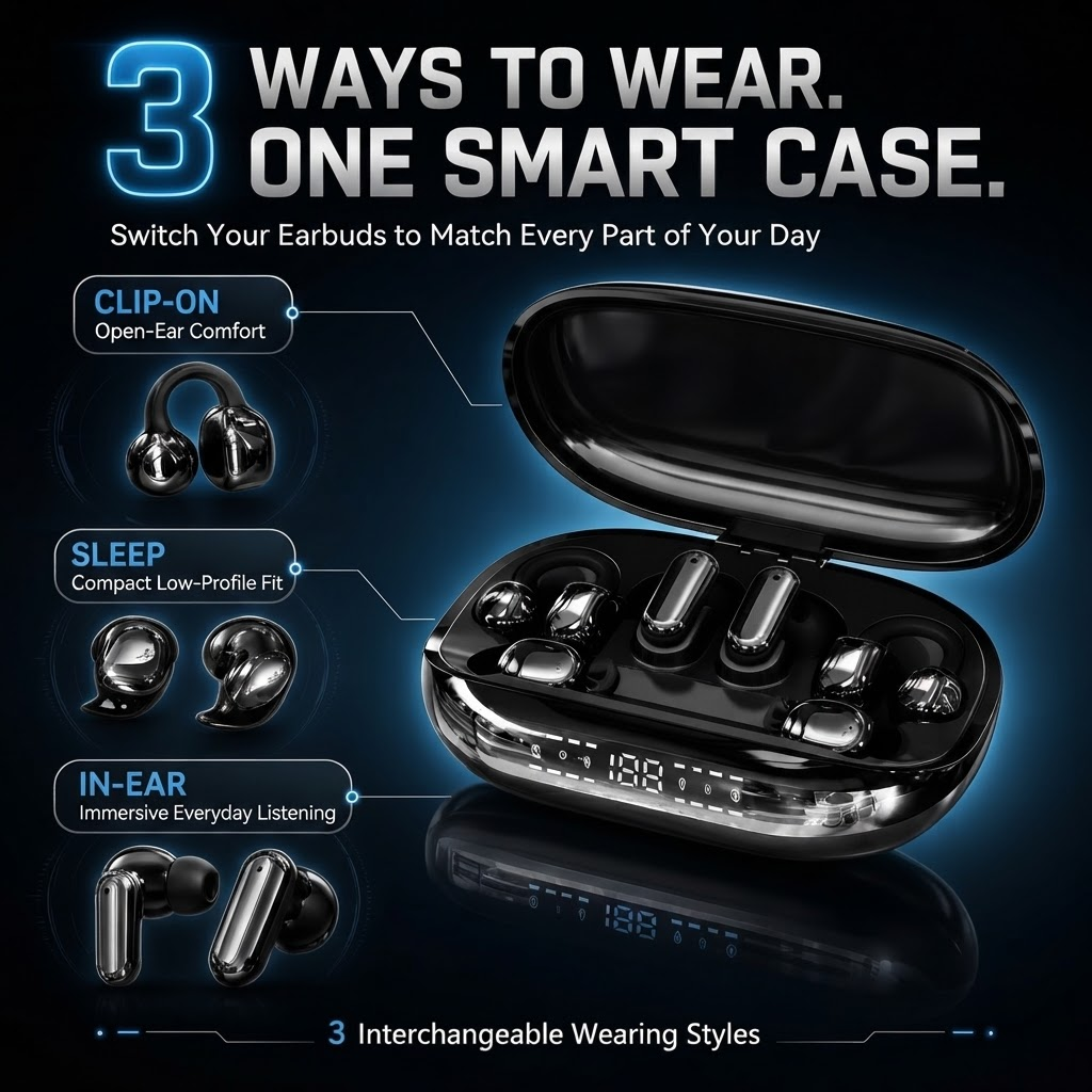 3-in-1 Bluetooth Wireless Earbuds with Chargeable Power Bank Case Interchangeable Clip-On