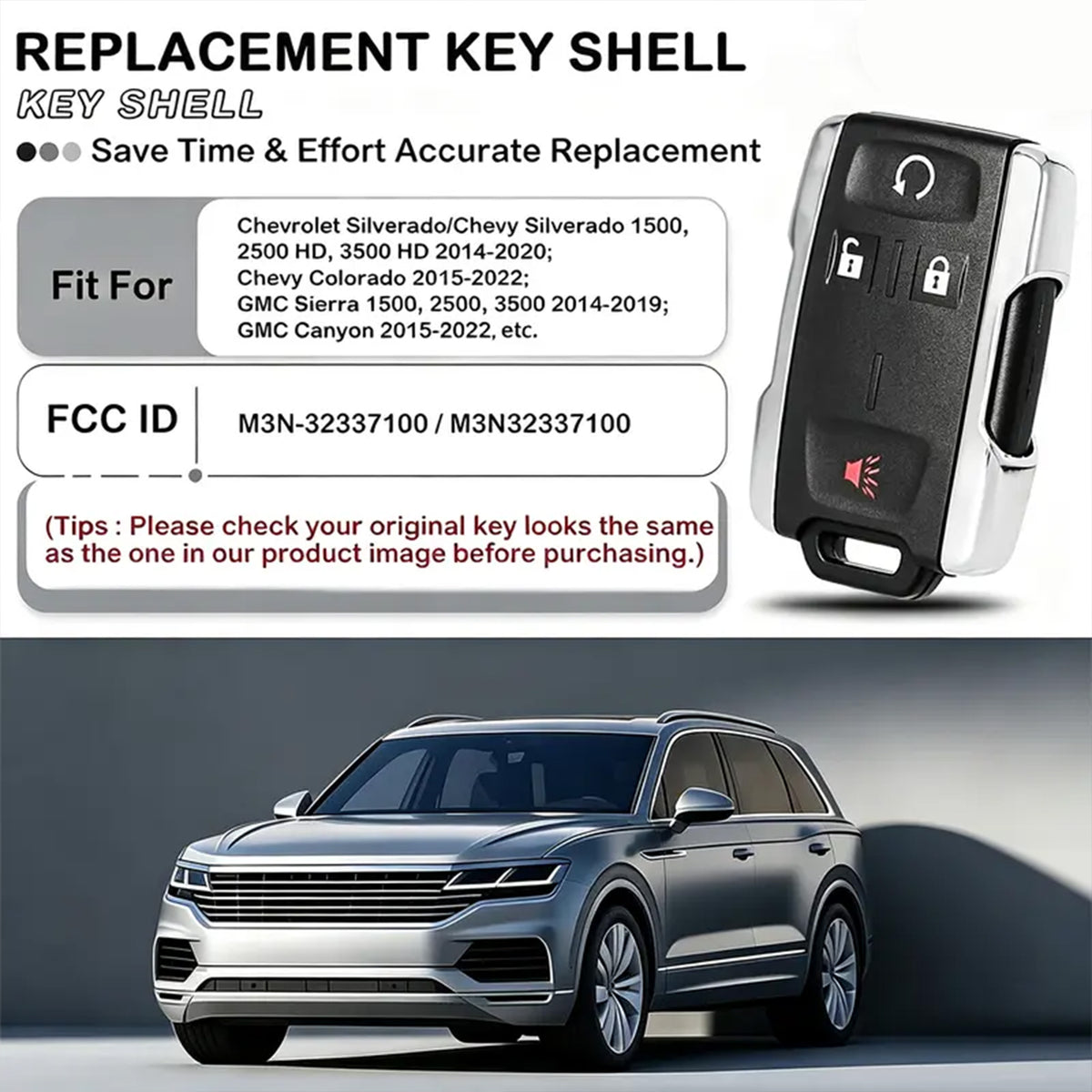 4-Button Keyless Entry Remote Key Fob Shell Replacement -Fits Chevy Silverado/Colorado, GMC Sierra 1500/2500/3500 HD/Canyon (2014-2021)