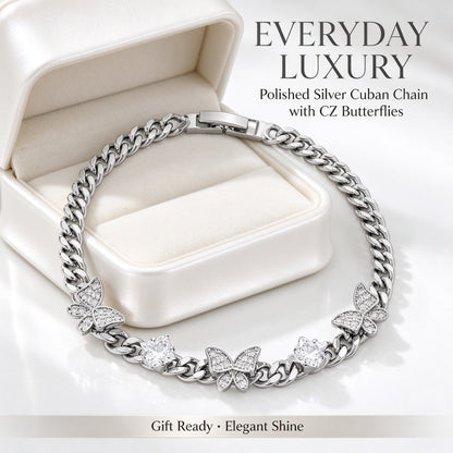Women’s Figaro-chain Bracelet, Featuring a Butterfly Motif and Cubic Zirconia