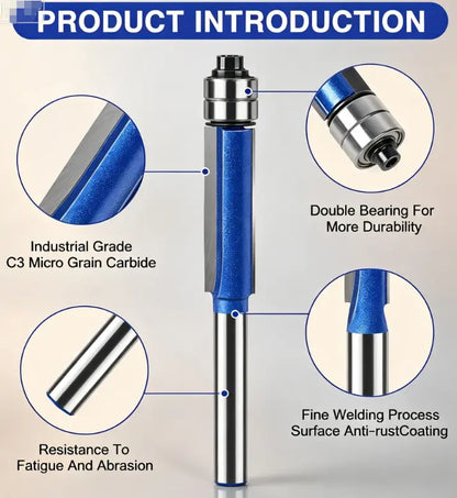 4 Piece Dual Bearing Flush Trim Router Bit Set, 1/4 Inch Shank Edge Trimming Tool for Woodworking, Deburring & Polishing