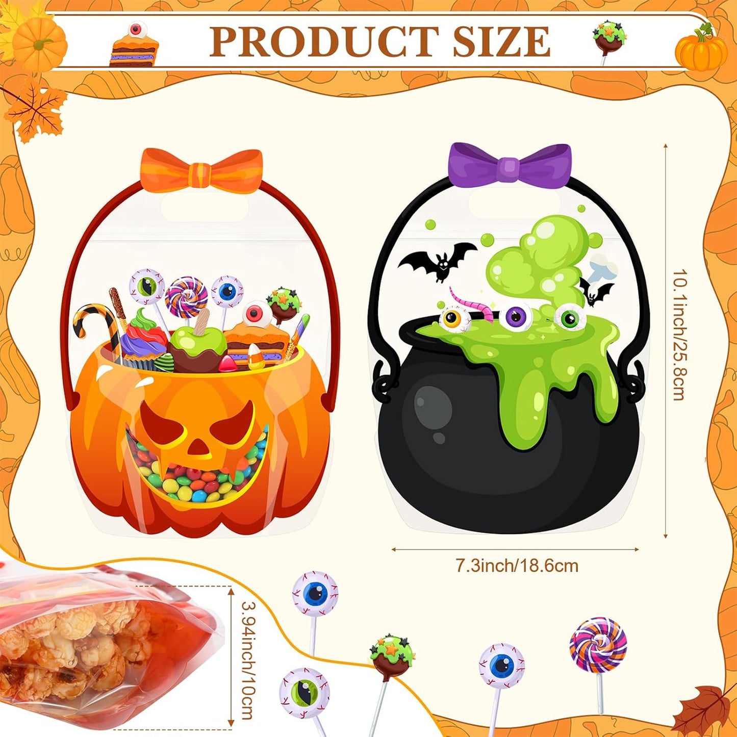 20Pcs Halloween Bags Plastic Pumpkin Clear Sealed Pouches with Handles Resealable Scary