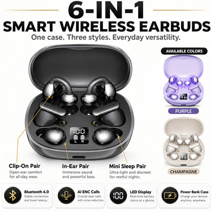 6-in-1 Smart Wireless Earbuds Open-Ear Clip-On & Mini Sleep Headphones