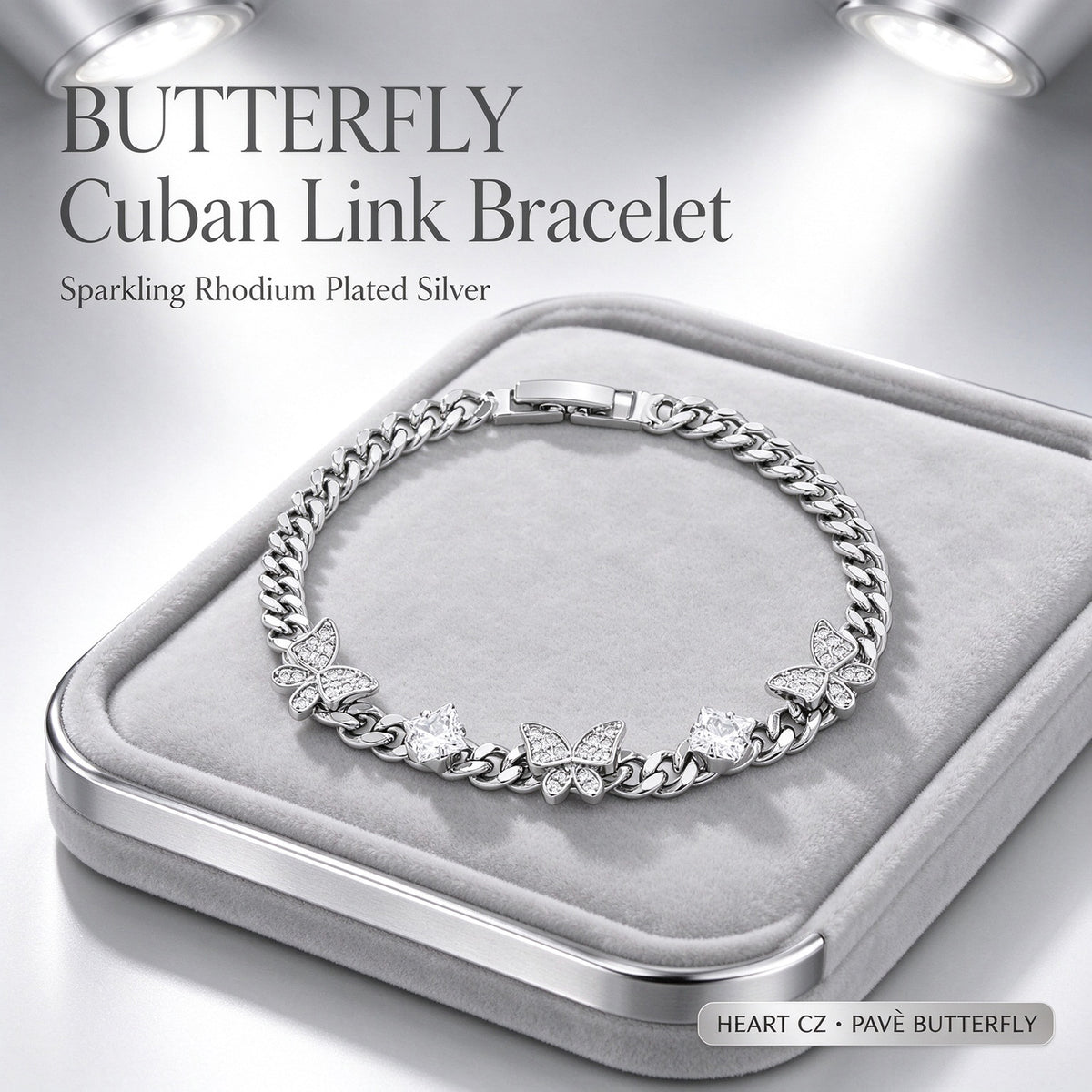 Women’s Figaro-chain Bracelet, Featuring a Butterfly Motif and Cubic Zirconia