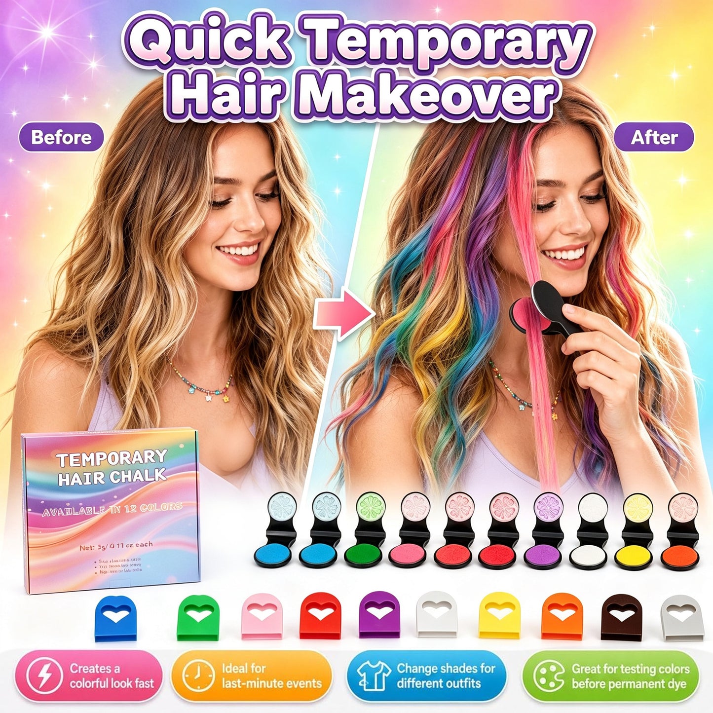 12 ColorsHair Chalk Set Washable Temporary Vibrant Non-Damage Hair Color