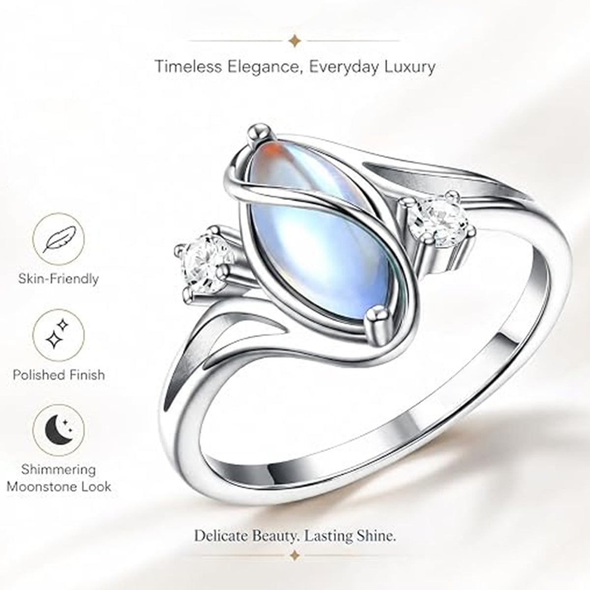 Women's Geometric Ring with Moonstone and Zircon