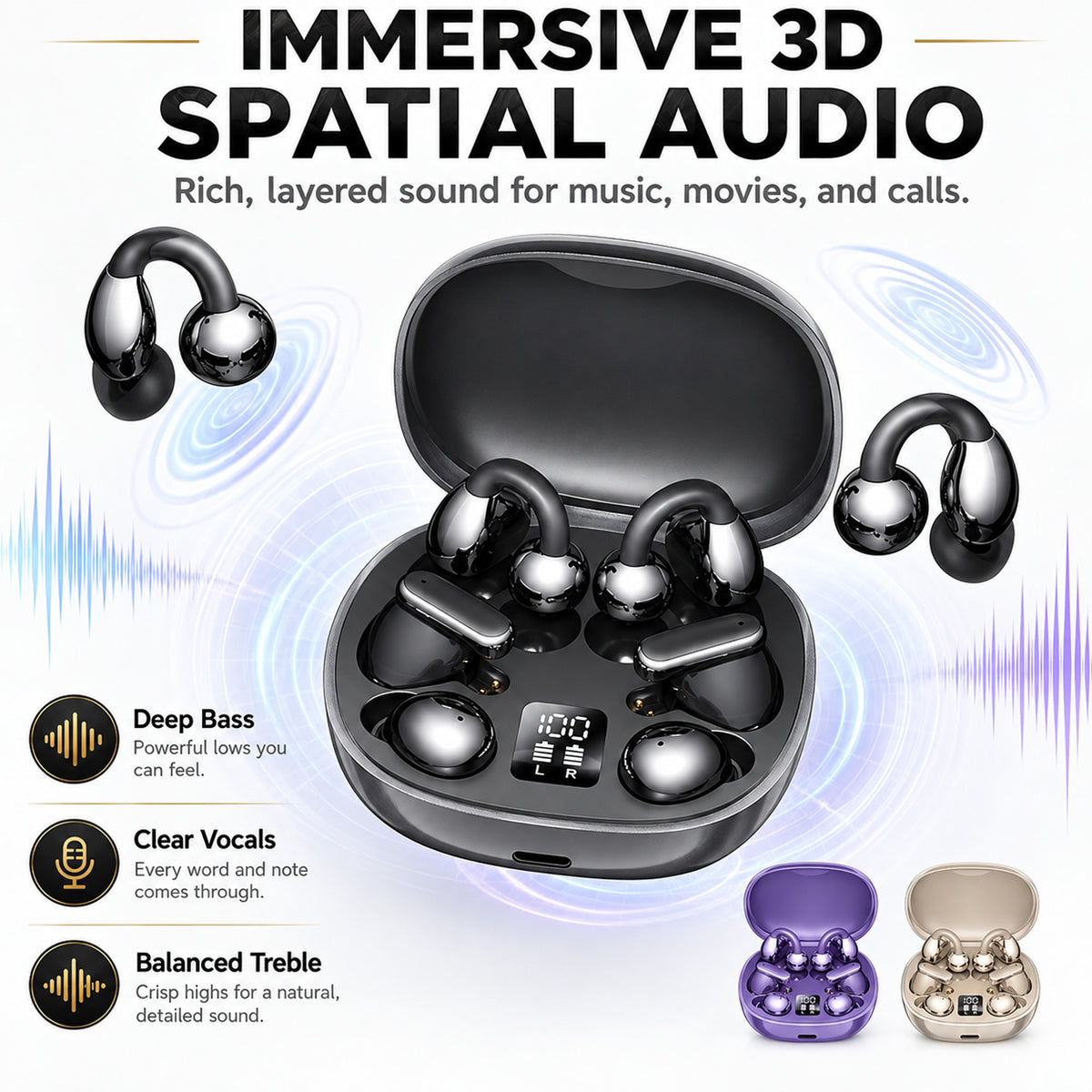 6-in-1 Smart Wireless Earbuds Open-Ear Clip-On & Mini Sleep Headphones