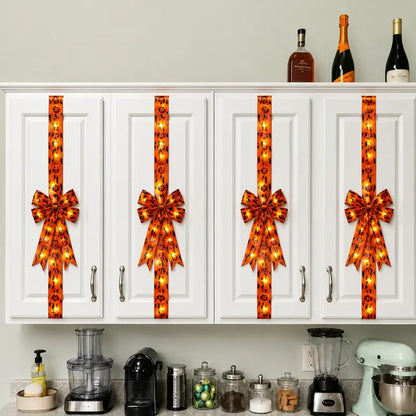 LED Spooky Halloween Cabinet Door Fringe Wreath with Lime Red Large Bow, 79x2.4 Inches