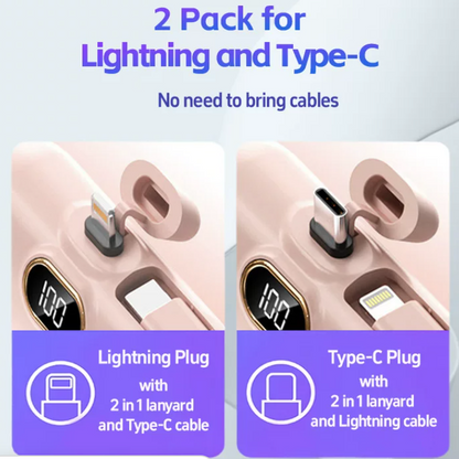 22.5W Fast Charging Mini Capsule Power Bank — 5000mAh Built-in Cables, LED Display