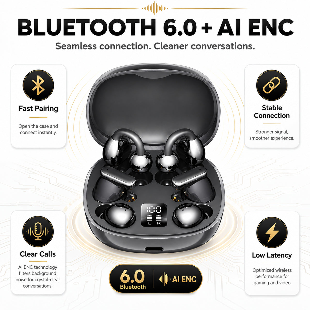 6-in-1 Smart Wireless Earbuds Open-Ear Clip-On & Mini Sleep Headphones