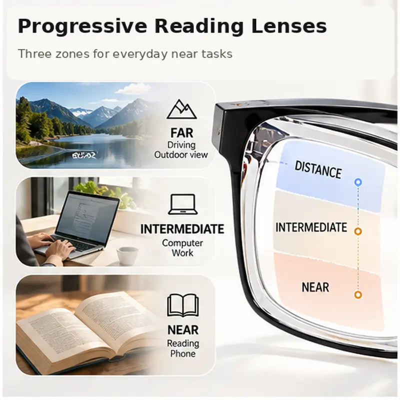 Unisex Progressive Reading Glasses, Photochromic Color Changing Lenses