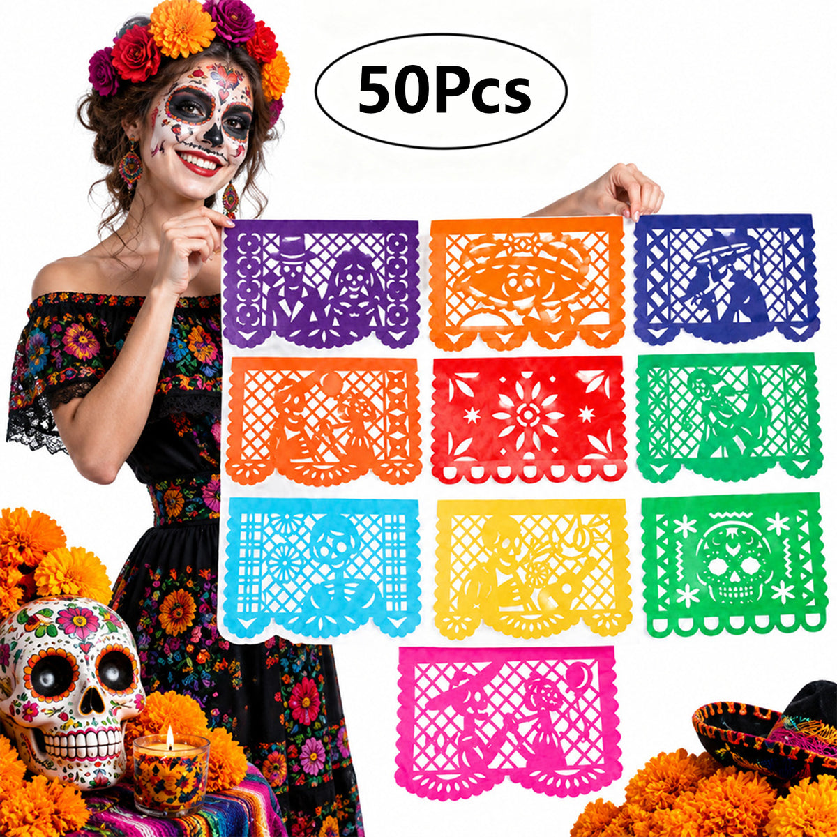 50Pcs Mexican Papel Picado Banner Dia De Los Muertos Altar Ofrenda