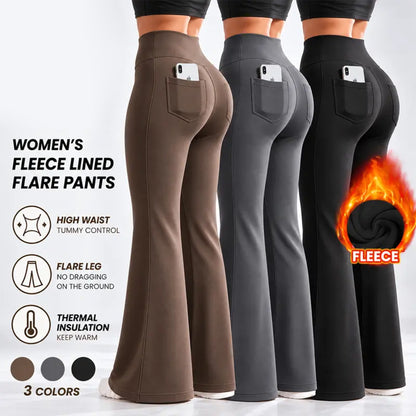 Women’s Fleece Lined Flare Leggings with Pockets, High Waisted Thermal Bell Bottom Yoga Pants