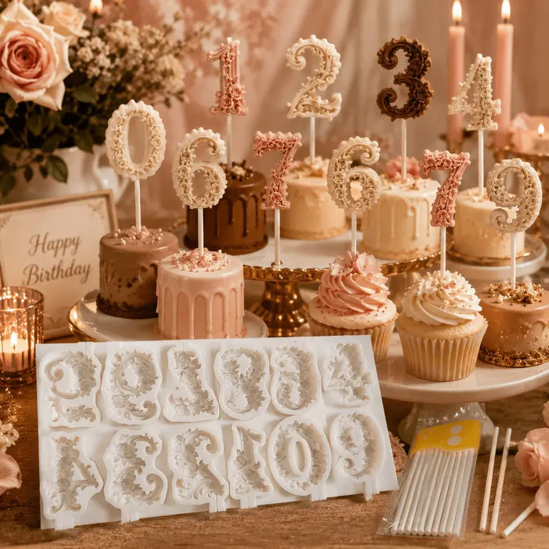 1Set Vintage Rose Floral Number Shape Silicone Mold - Baking Accessories