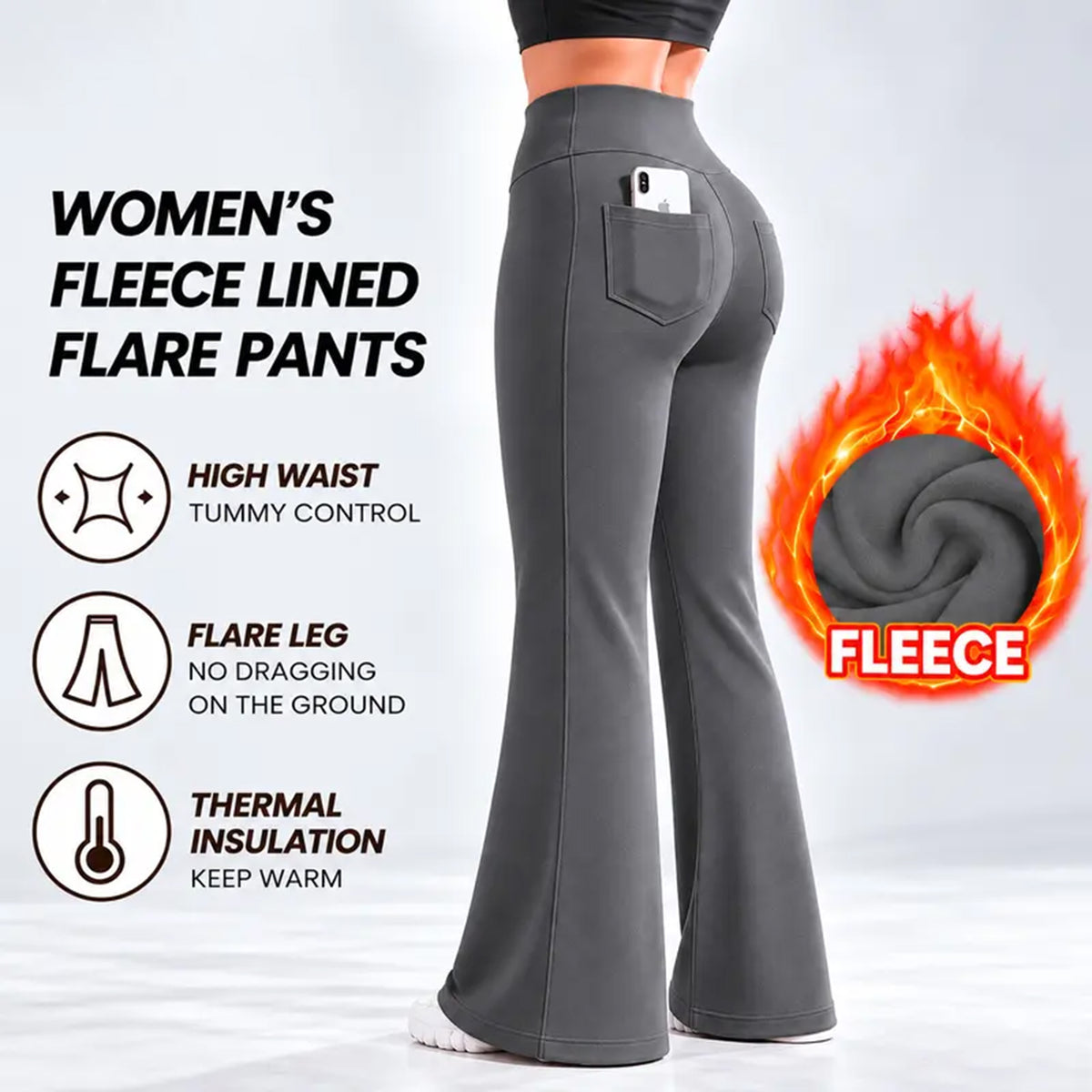 Women’s Fleece Lined Flare Leggings with Pockets, High Waisted Thermal Bell Bottom Yoga Pants