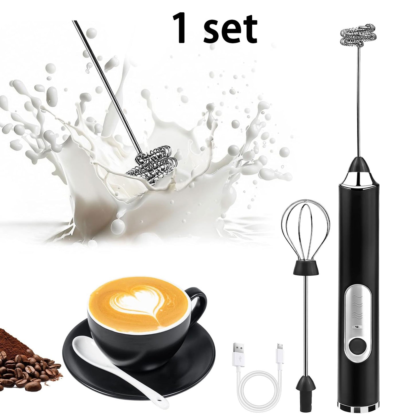 Milk Frother Handheld, Rechargeable Coffee Frother Wand with 2 Stainless Whisks 3 Speeds