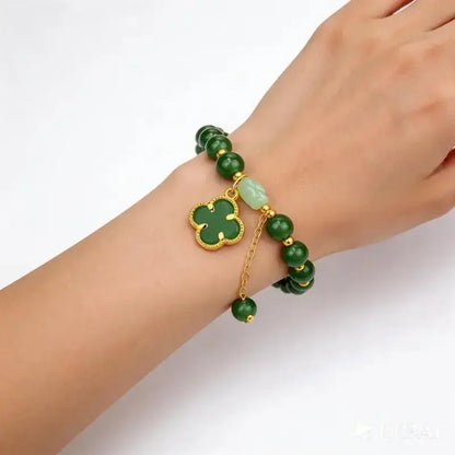 Lucky Four-Leaf Clover Green Aventurine Bracelet - Manifest Wealth & Prosperity Crystal Charm
