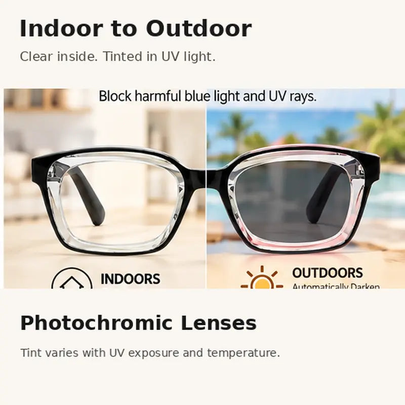 Unisex Progressive Reading Glasses, Photochromic Color Changing Lenses