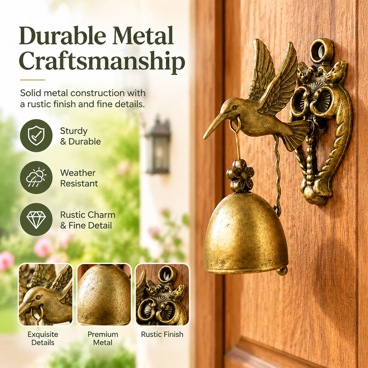 Vintage Hummingbird Doorbell, Wall-Mounted Antique Brass Metal Entry Bell