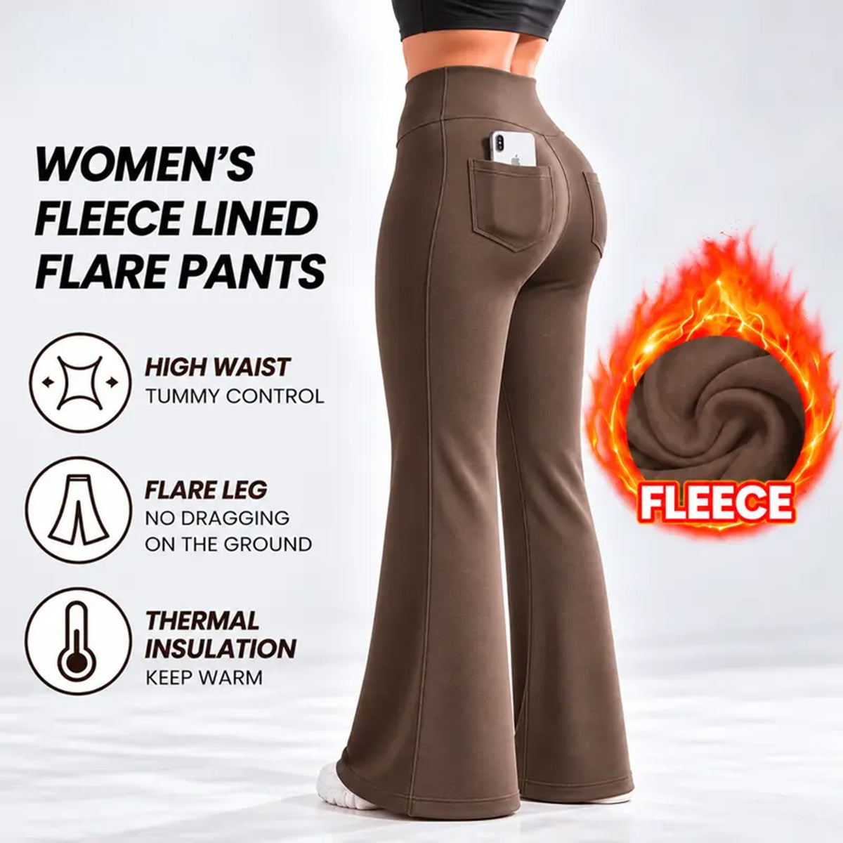 Women’s Fleece Lined Flare Leggings with Pockets, High Waisted Thermal Bell Bottom Yoga Pants