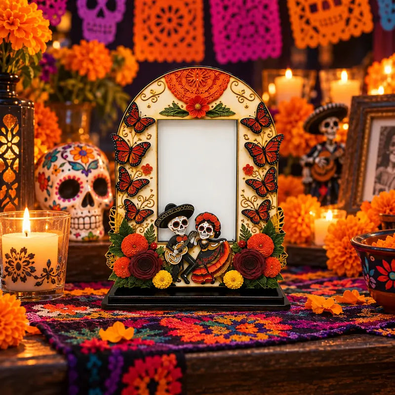 Día de los Muertos Wooden Picture Frame, Mexican Day of the Dead Tabletop Decor