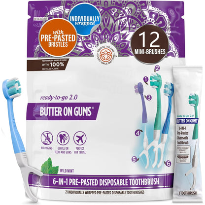 12Pcs Mini Disposable Toothbrushes with Toothpaste, Floss & Toothpick - 6-in-1 Ready-to-Go Prepasted Travel Toothbrush